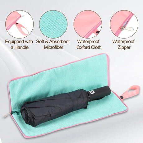 46 inch Navy Blue Windproof Automatic Travel Folding Umbrella and Black Absorbent Hanging Storage Pouch Set – Compact 3-Fold Auto Open Close Umbrella wth Double Canopy and 10 Reinforced Ribs for Rain & Sun Outdoor Use