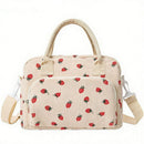 Strawberry Print Soft Corduroy Insulated Lunch Bag for Women and Students - Large Capacity Thermal Lunch Tote with Shoulder Strap, Front Zip Pocket and Side Bottle Holder 11.4 x 9 6.7 inch