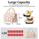 Strawberry Print Soft Corduroy Insulated Lunch Bag for Women and Students - Large Capacity Thermal Lunch Tote with Shoulder Strap, Front Zip Pocket and Side Bottle Holder 11.4 x 9 6.7 inch