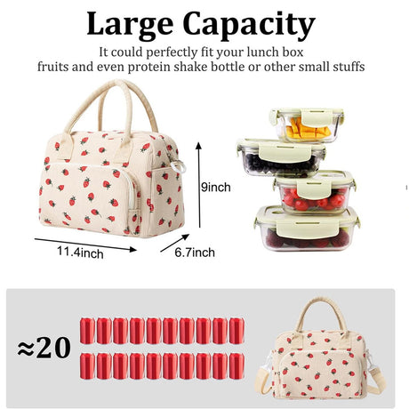 Strawberry Print Soft Corduroy Insulated Lunch Bag for Women and Students - Large Capacity Thermal Lunch Tote with Shoulder Strap, Front Zip Pocket and Side Bottle Holder 11.4 x 9 6.7 inch