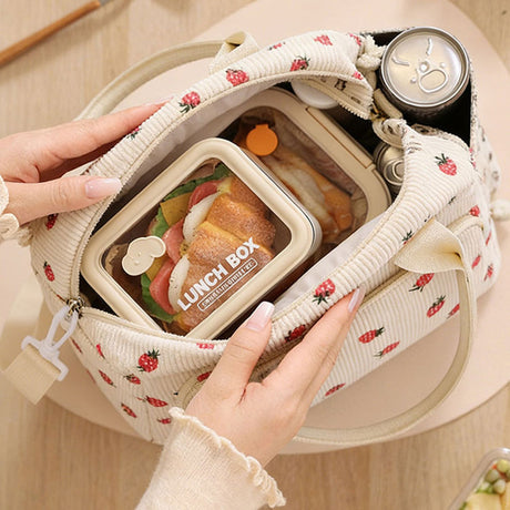 Beige Floral Print Soft Corduroy Insulated Lunch Bag for Women and Students - Large Capacity Thermal Lunch Tote with Shoulder Strap, Front Zip Pocket and Side Bottle Holder 11.4 x 9 6.7 inch