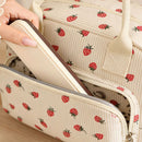 2-Pack Strawberry & Beige Floral Print Soft Corduroy Insulated Lunch Bag for Women and Students - Large Capacity Thermal Lunch Tote with Shoulder Strap, Front Zip Pocket and Side Bottle Holder 11.4 x 9 6.7 inch