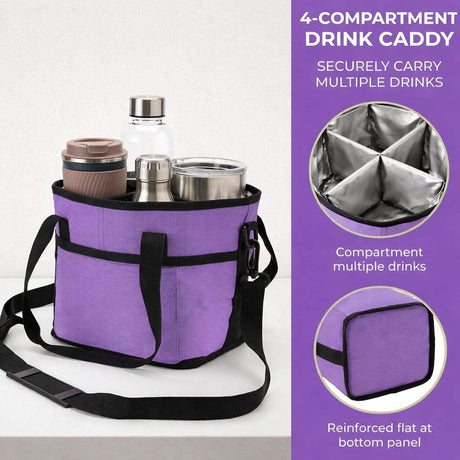 Black Foldable 4-Zone Car Insulated Drink Carrier Bag Bonus 2 Pack Mutifunctional Headrest Hook Phone Holders, No-Spill Car Cup Holder Organizer and Back Seat Mobile Phone Mount Travel Set for Most Water Bottles