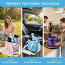 Black Foldable 4-Zone Car Insulated Drink Carrier Bag Bonus 2 Pack Mutifunctional Headrest Hook Phone Holders, No-Spill Car Cup Holder Organizer and Back Seat Mobile Phone Mount Travel Set for Most Water Bottles