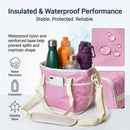 Pink Foldable 4-Zone Car Insulated Drink Carrier Bag Bonus 2 Pack Mutifunctional Headrest Hook Phone Holders, No-Spill Car Cup Holder Organizer and Back Seat Mobile Phone Mount Travel Set for Most Water Bottles