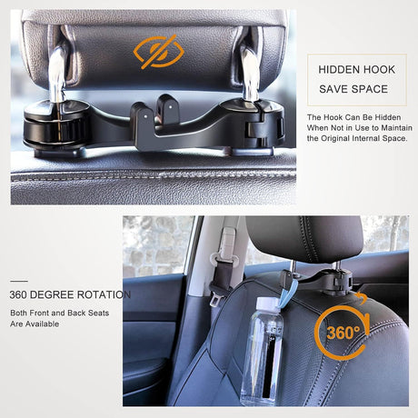 4 Pack Blue Car Headrest Hook with Phone Holder for Purses Bags and 4-6.5 Inch Smartphones, Universal 360 Rotation Back Seat Storage Hook and Mobile Stand