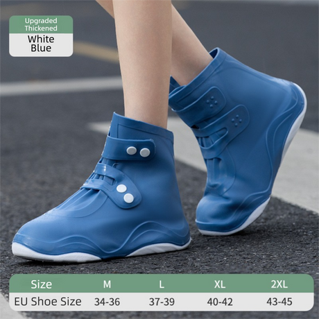 Thickened Waterproof Silicone Rain Shoe Covers with Adjustable Double Buckle Closure, Durable Non-Slip Reusable Overshoes for Men and Women Hiking Camping Daily Use, Blue White Blocking, XL Size (EU 40-42)