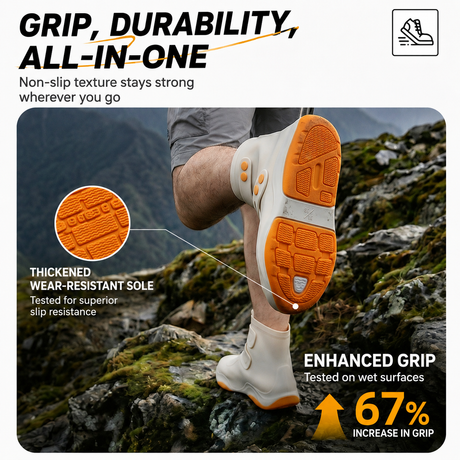 Thickened Waterproof Silicone Rain Shoe Covers with Adjustable Double Buckle Closure, Durable Non-Slip Reusable Overshoes for Men and Women Hiking Camping Daily Use, Khaki Orange Blocking, XL Size (EU 40-42)