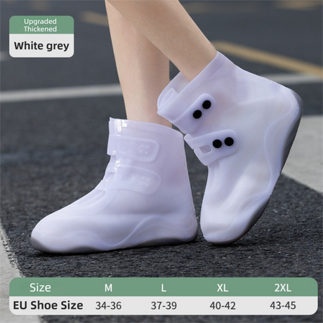 Thickened Waterproof Silicone Rain Shoe Covers with Adjustable Double Buckle Closure, Durable Non-Slip Reusable Overshoes for Men and Women Hiking Camping Daily Use, Grey White Blocking, M Size (EU 34-36)
