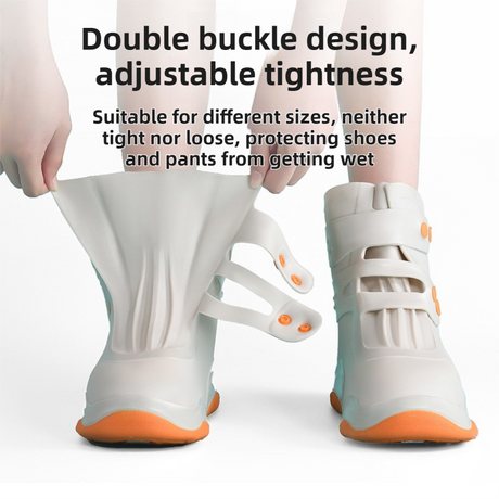 Thickened Waterproof Silicone Rain Shoe Covers with Adjustable Double Buckle Closure, Durable Non-Slip Reusable Overshoes for Men and Women Hiking Camping Daily Use, Grey White Blocking, M Size (EU 34-36)