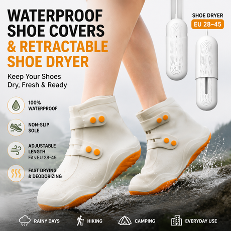 Thickened Waterproof Silicone Rain Shoe Covers and USB Powered Telescopic 3-Setting Timer Shoe Dryer Set for Rainy Season Commuting Camping Hiking Use, Reusable Non-Slip Overshoes with Double Buckle Closure, Khaki Orange Blocking, L Size (EU 37-39)