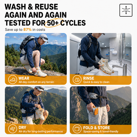 Thickened Waterproof Silicone Rain Shoe Covers and USB Powered Telescopic 3-Setting Timer Shoe Dryer Set for Rainy Season Commuting Camping Hiking Use, Reusable Non-Slip Overshoes with Double Buckle Closure, Khaki Orange Blocking, L Size (EU 37-39)