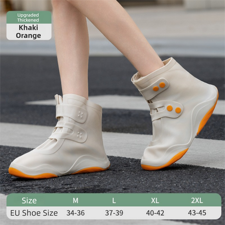 Thickened Waterproof Silicone Rain Shoe Covers and USB Powered Telescopic 3-Setting Timer Shoe Dryer Set for Rainy Season Commuting Camping Hiking Use, Reusable Non-Slip Overshoes with Double Buckle Closure, Khaki Orange Blocking, 2XL Size (EU 43-45)