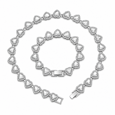 Silver-Plated Heart Rhinestone Cuban Link 20 inch Tennis Necklace and 8 inch Tennis Bracelet Set for Women, Crystal Heart Chain Fashion Jewelry Accessories with Gift Box