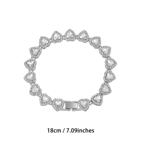 Silver-Plated Heart Rhinestone Cuban Link 18 inch Tennis Necklace and 7 inch Tennis Bracelet Set for Women, Crystal Heart Chain Fashion Jewelry Accessories with Gift Box