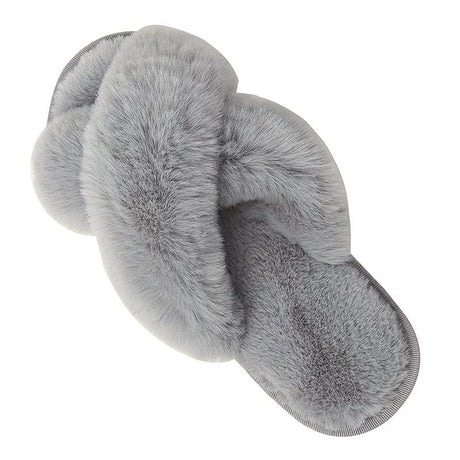 Cozy Winter Home Essentials Set - Grey 1 Pair Women's Plush Cross Band Faux Fur Slippers M Size & 2 Pairs Cute Teddy Bear Fuzzy Socks Set, Warm Indoor Lounge Gift Bundle with Non-Slip House Slides