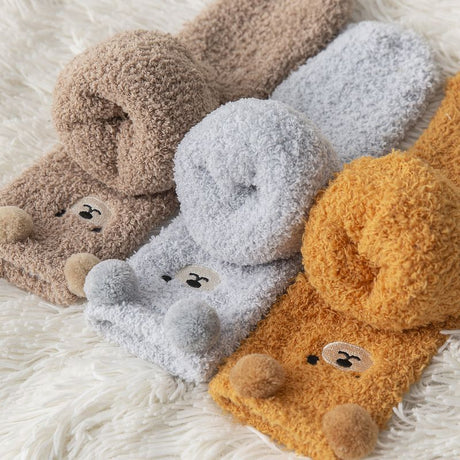 6 Pair Cute Teddy Bear Fuzzy Crew Socks Set, Coral Fleece Plush Winter Sleeping Socks, Thick Elastic Warm Cozy Floor Socks for Home Lounging and Cold Weather