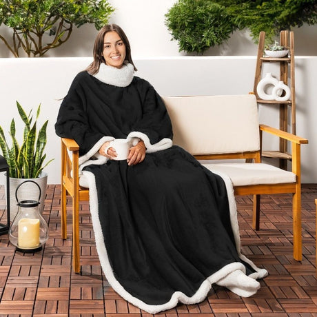 Black 180 x 120CM Extra Large Wearable Wrap Blanket with Sleeves and Large Pocket, Cozy Thickened Composed Flannel Sherpa Fleece Oversized TV Blanket Robe and Sofa Throw for Home Lounging