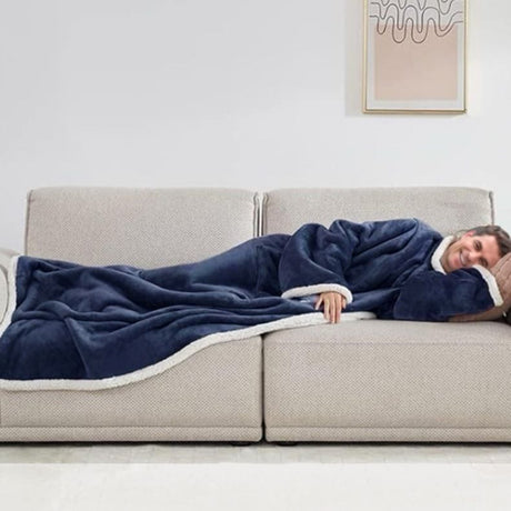 Black 180 x 120CM Extra Large Wearable Wrap Blanket with Sleeves and Large Pocket, Cozy Thickened Composed Flannel Sherpa Fleece Oversized TV Blanket Robe and Sofa Throw for Home Lounging