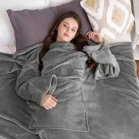 Pink 180 x 120CM Extra Large Wearable Wrap Blanket with Sleeves and Large Pocket, Cozy Thickened Composed Flannel Sherpa Fleece Oversized TV Blanket Robe and Sofa Throw for Home Lounging