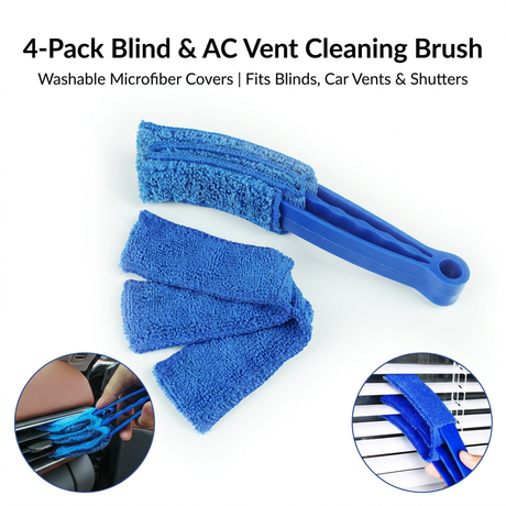 4 Pack Blue Window Blind and Car AC Vent Cleaner Brush with Washable Microfiber Cleaning Cloth – Reusable Shutter Dust Remover for Air Vent, Car AC Vent, Fan & Narrow Gap