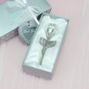 2 Set of White Crystal Rose Flower with Silver Gift Box and Silver Plated Stem Leaf – Elegant Crystal & Metal Rose Ornament | Wedding Party Gift, Valentine's Day & Anniversary Keepsake
