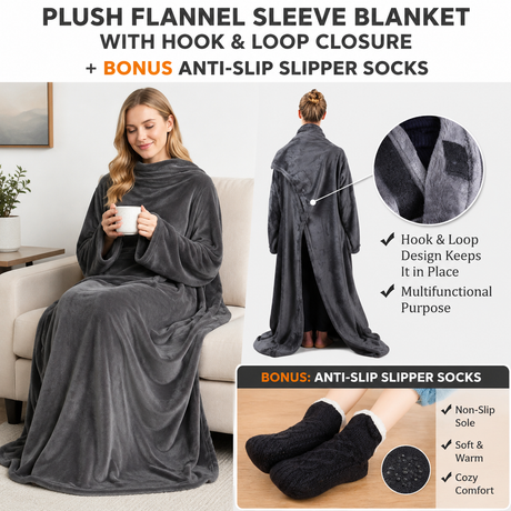 Winter Cozy Warm Loungewear Gift Set – 150 x 180CM Dark Grey Flannel Fleece Wearable Blanket with Adjustable Sleeves Large Front Pocket and Back Velcro Closure, Free XL Size Sherpa Fleece Cable Knit Anti-Slip Slipper Socks for Home Relaxation