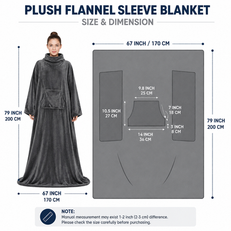 Winter Cozy Warm Loungewear Gift Set – 170 × 200CM Dark Grey Flannel Fleece Wearable Blanket with Adjustable Sleeves Large Front Pocket and Back Velcro Closure, Free XL Size Sherpa Fleece Cable Knit Anti-Slip Slipper Socks for Home Relaxation