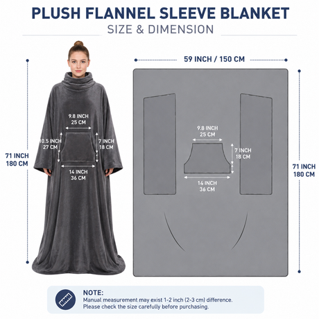 Winter Cozy Warm Loungewear Gift Set – 150 x 180CM Navy Blue Flannel Fleece Wearable Blanket with Adjustable Sleeves Large Front Pocket and Back Velcro Closure, Free M Size Sherpa Fleece Cable Knit Anti-Slip Slipper Socks for Home Relaxation