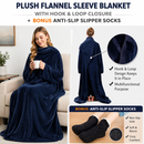 Winter Cozy Warm Loungewear Gift Set – 150 x 180CM Navy Blue Flannel Fleece Wearable Blanket with Adjustable Sleeves Large Front Pocket and Back Velcro Closure, Free XL Size Sherpa Fleece Cable Knit Anti-Slip Slipper Socks for Home Relaxation