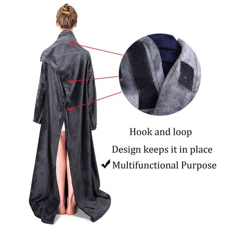 Winter Cozy Warm Loungewear Gift Set – 170 × 200CM Navy Blue Flannel Fleece Wearable Blanket with Adjustable Sleeves Large Front Pocket and Back Velcro Closure, Free L Size Sherpa Fleece Cable Knit Anti-Slip Slipper Socks for Home Relaxation