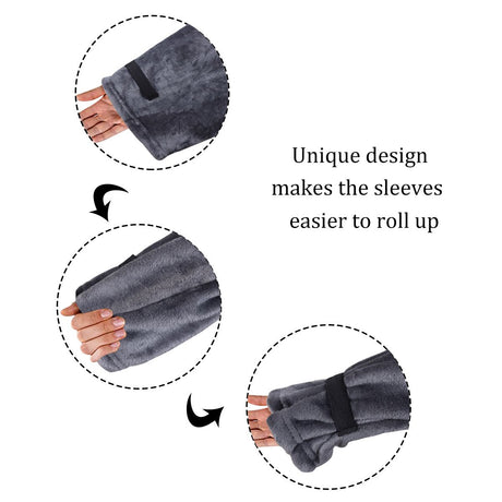 Winter Cozy Warm Loungewear Gift Set – 170 × 200CM Navy Blue Flannel Fleece Wearable Blanket with Adjustable Sleeves Large Front Pocket and Back Velcro Closure, Free L Size Sherpa Fleece Cable Knit Anti-Slip Slipper Socks for Home Relaxation