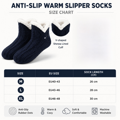 Winter Cozy Warm Loungewear Gift Set – 170 × 200CM Navy Blue Flannel Fleece Wearable Blanket with Adjustable Sleeves Large Front Pocket and Back Velcro Closure, Free XL Size Sherpa Fleece Cable Knit Anti-Slip Slipper Socks for Home Relaxation
