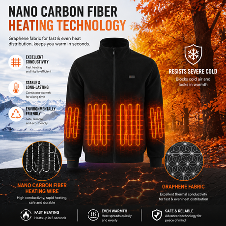 XL Size Winter USB Heated Windproof Soft Fleece Warm Jacket for Men and Women – 8 Zones Graphene & Carbon Fiber Fast Heating Coat with Front & Back Dual-Control Button and 3 Level Heating, Washable Design, Muti Pockets, Ribbed Cuff & Stand Collar