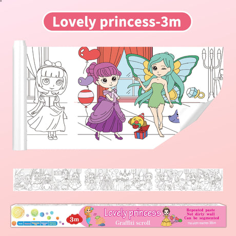 3M Extra Long Kids Reusable Coloring Paper Roll, Lovely Princess Theme Self-Adhesive Wall Coloring Poster and DIY Cuttable Drawing Craft Paper Scroll with Gift Box