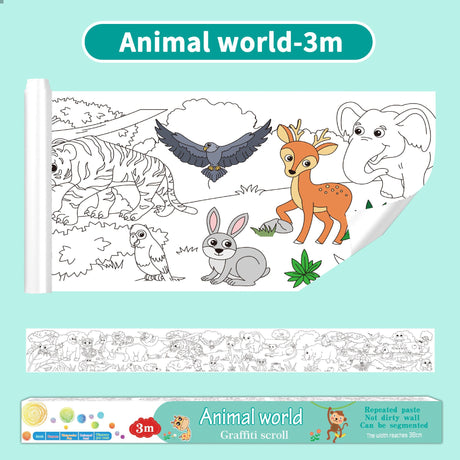 3M Extra Long Kids Reusable Coloring Paper Roll, Animal World Theme Self-Adhesive Wall Coloring Poster and DIY Cuttable Drawing Craft Paper Scroll with Gift Box