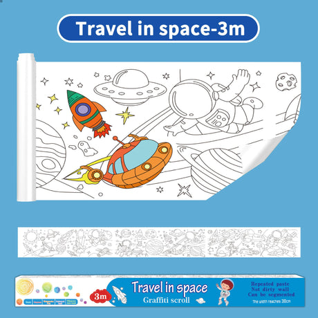 3M Extra Long Kids Reusable Coloring Paper Roll, Space Adventure Theme Self-Adhesive Wall Coloring Poster and DIY Cuttable Drawing Craft Paper Scroll with Gift Box