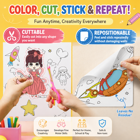 3M Extra Long Kids Reusable Coloring Paper Roll, Space Adventure Theme Self-Adhesive Wall Coloring Poster and DIY Cuttable Drawing Craft Paper Scroll with Gift Box