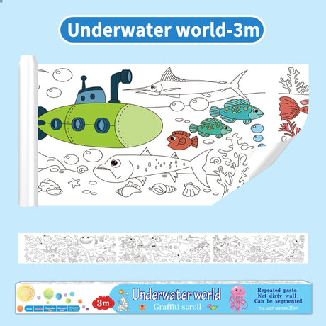 3M Extra Long Kids Reusable Coloring Paper Roll, Ocean World Theme Self-Adhesive Wall Coloring Poster and DIY Cuttable Drawing Craft Paper Scroll with Gift Box