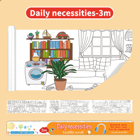 3M Extra Long Kids Reusable Coloring Paper Roll, Daily Life Theme Self-Adhesive Wall Coloring Poster and DIY Cuttable Drawing Craft Paper Scroll with Gift Box