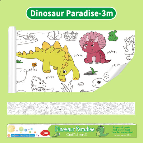 3M Extra Long Kids Reusable Coloring Paper Roll, Dinosaur Park Theme Self-Adhesive Wall Coloring Poster and DIY Cuttable Drawing Craft Paper Scroll with Gift Box