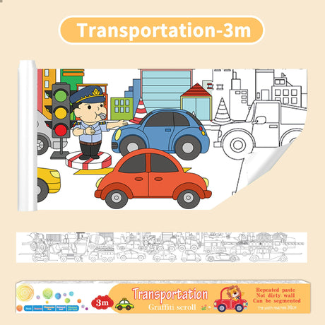 3M Extra Long Kids Reusable Coloring Paper Roll, Transportation Theme Self-Adhesive Wall Coloring Poster and DIY Cuttable Drawing Craft Paper Scroll with Gift Box