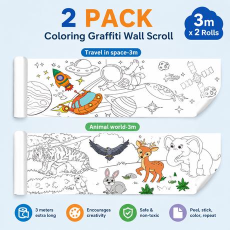 3M Extra Long Kids Reusable Coloring Paper Roll 2 Pack, Space Adventure and Animal World Theme Self-Adhesive Wall Coloring Poster and DIY Cuttable Drawing Craft Paper Scroll with Gift Box