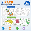 3M Extra Long Kids Reusable Coloring Paper Roll 2 Pack, Space Adventure + Dinosaur Park Theme Self-Adhesive Wall Coloring Poster and DIY Cuttable Drawing Craft Paper Scroll with Gift Box