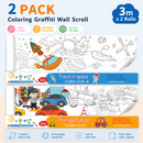3M Extra Long Kids Reusable Coloring Paper Roll 2 Pack, Space Adventure + Transportation Theme Self-Adhesive Wall Coloring Poster and DIY Cuttable Drawing Craft Paper Scroll with Gift Box
