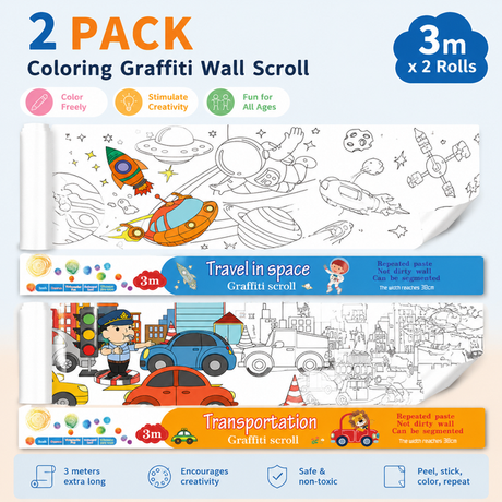 3M Extra Long Kids Reusable Coloring Paper Roll 2 Pack, Space Adventure + Transportation Theme Self-Adhesive Wall Coloring Poster and DIY Cuttable Drawing Craft Paper Scroll with Gift Box
