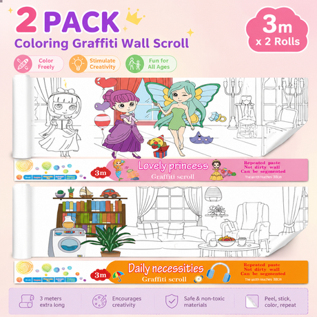 3M Extra Long Kids Reusable Coloring Paper Roll 2 Pack, Lovely Princess + Daily Life Theme Self-Adhesive Wall Coloring Poster and DIY Cuttable Drawing Craft Paper Scroll with Gift Box