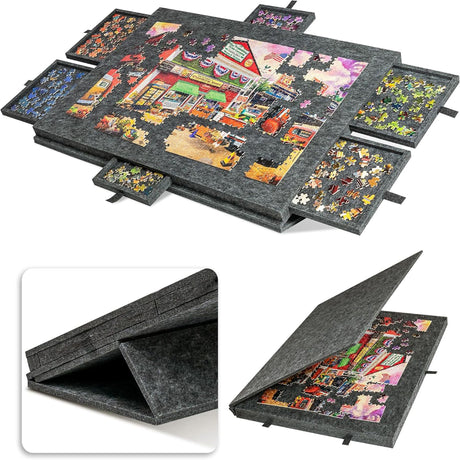 Dark Grey Foldable Anti-Slip Felt Jigsaw Puzzle Board with 6 Sorting Drawers – Lightweight 1000 Piece Puzzle Table Mat, 2-in-1 Neck-Friendly Storage Stand and Protective Cover for Unfinished Puzzle