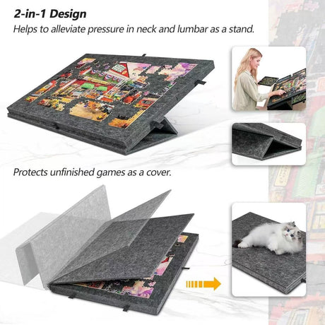 Dark Grey Foldable Anti-Slip Felt Jigsaw Puzzle Board with 6 Sorting Drawers – Lightweight 1000 Piece Puzzle Table Mat, 2-in-1 Neck-Friendly Storage Stand and Protective Cover for Unfinished Puzzle