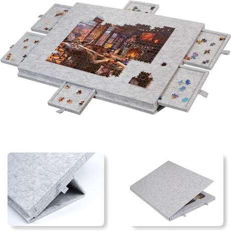 Silver Grey Foldable Anti-Slip Felt Jigsaw Puzzle Board with 6 Sorting Drawers – Lightweight 1000 Piece Puzzle Table Mat, 2-in-1 Neck-Friendly Storage Stand and Protective Cover for Unfinished Puzzle